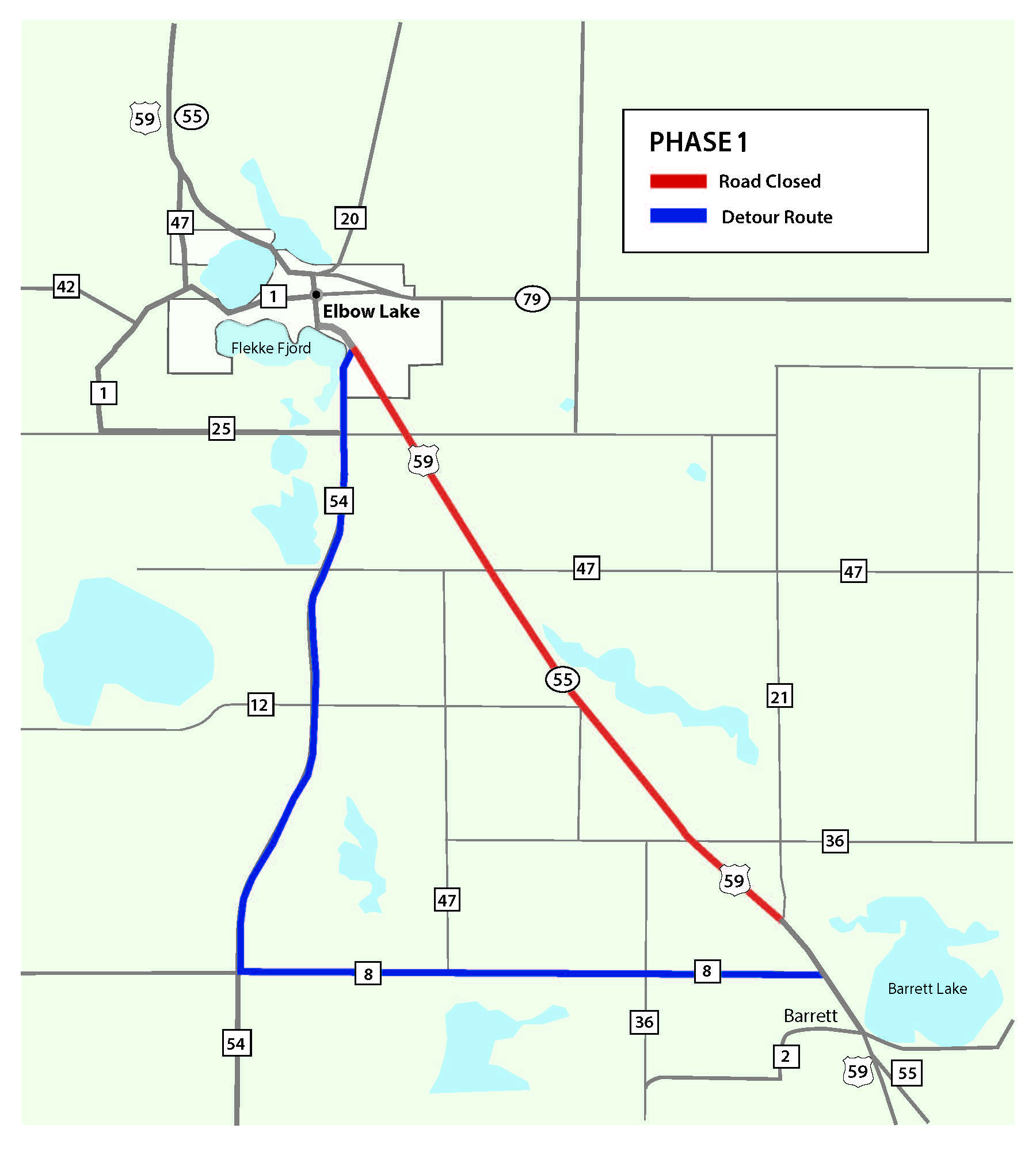 Map shows Hwy 55/59 closed between CR 54 and CR 21. Traffic is detoured to CR 54 and CR 8.